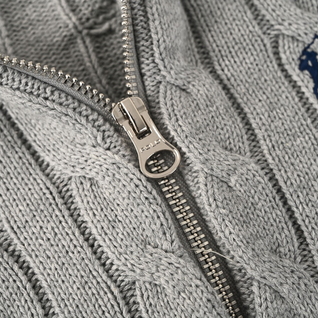 Cable-Knit Cotton Full-Zip Hoodie Grey