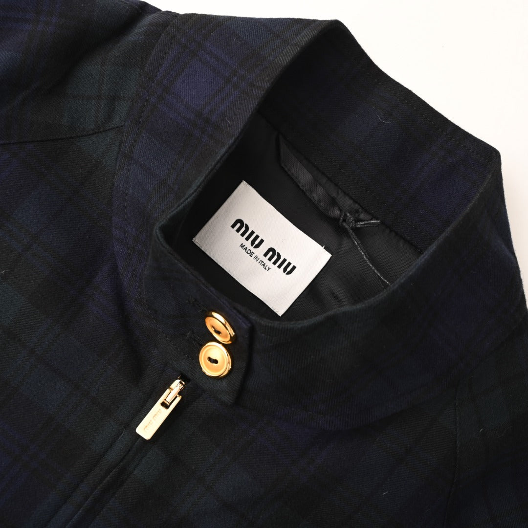 Plaid Wool Blouson Navy Blue & Green