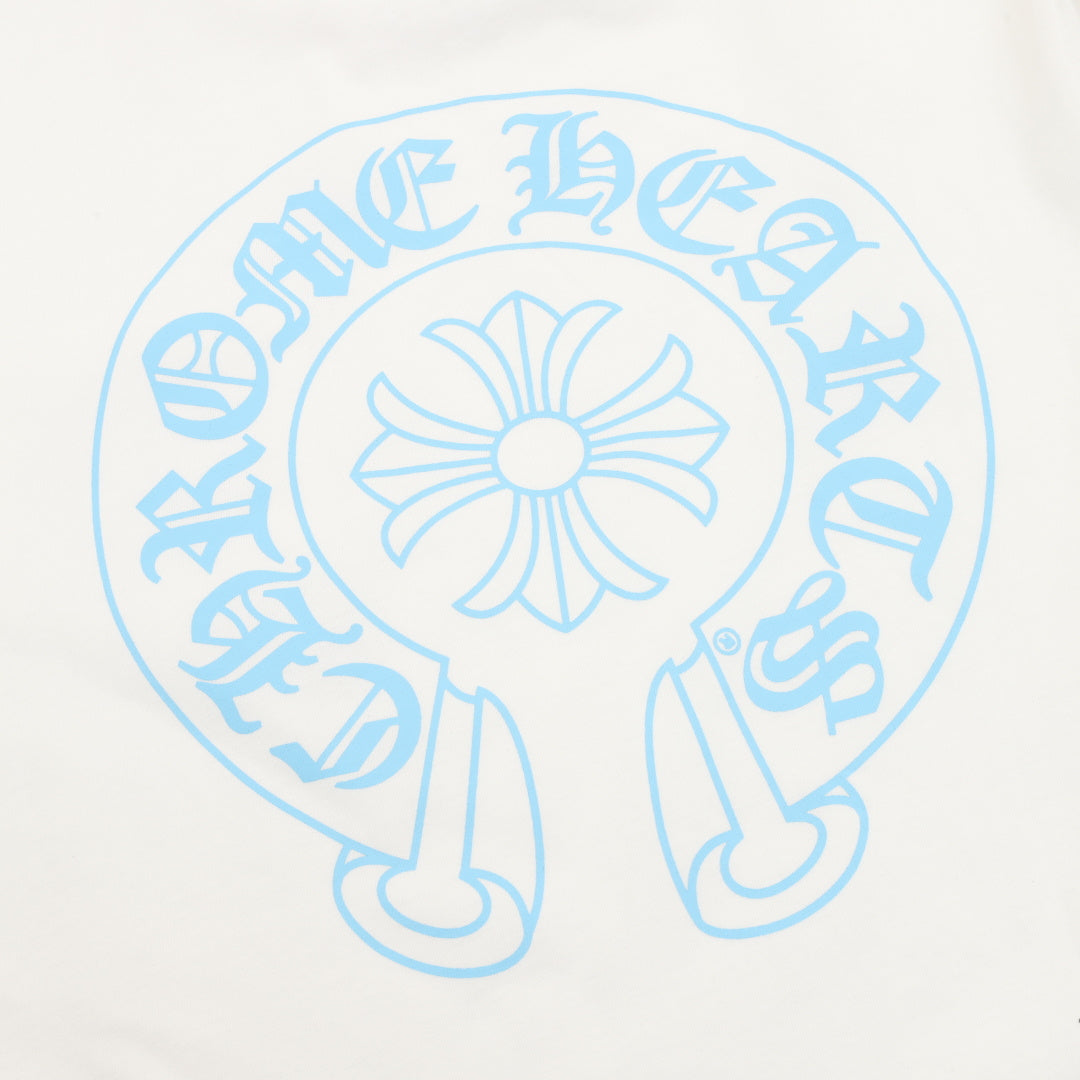 Horseshoe Scroll Long Sleeve Pocket T-Shirt White & Light Blue