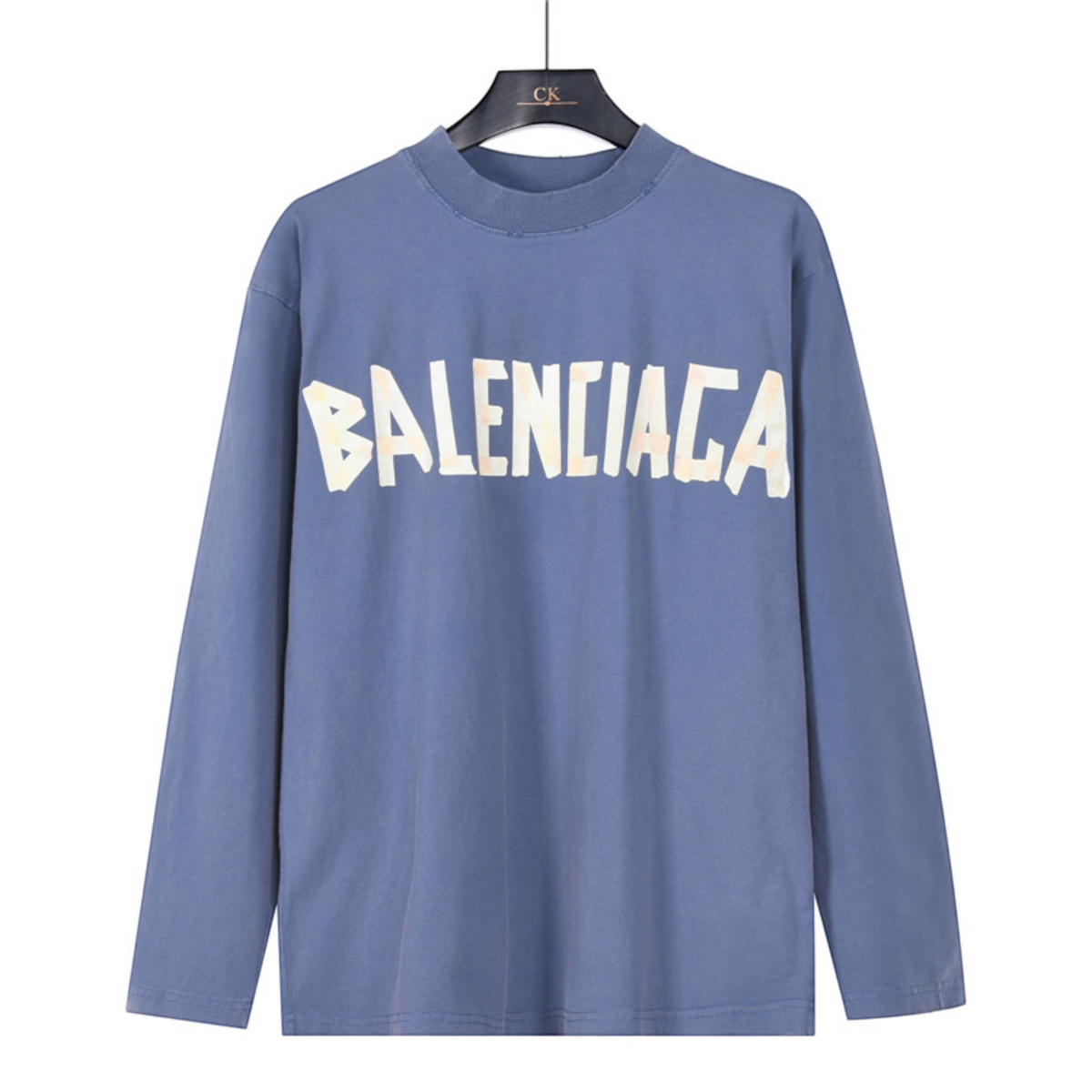 Tape Type Distressed Mock Neck Sweatshirt Washed Blue