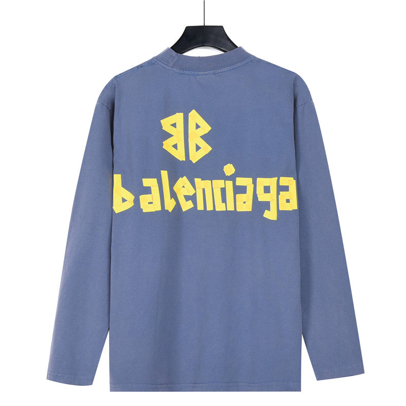 Tape Type Distressed Mock Neck Sweatshirt Washed Blue