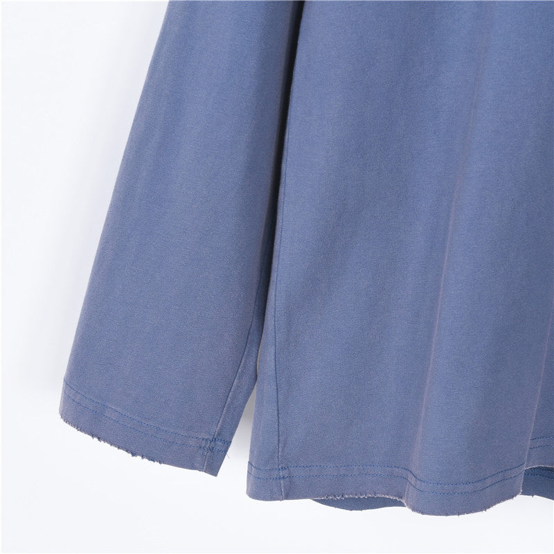 Tape Type Distressed Mock Neck Sweatshirt Washed Blue