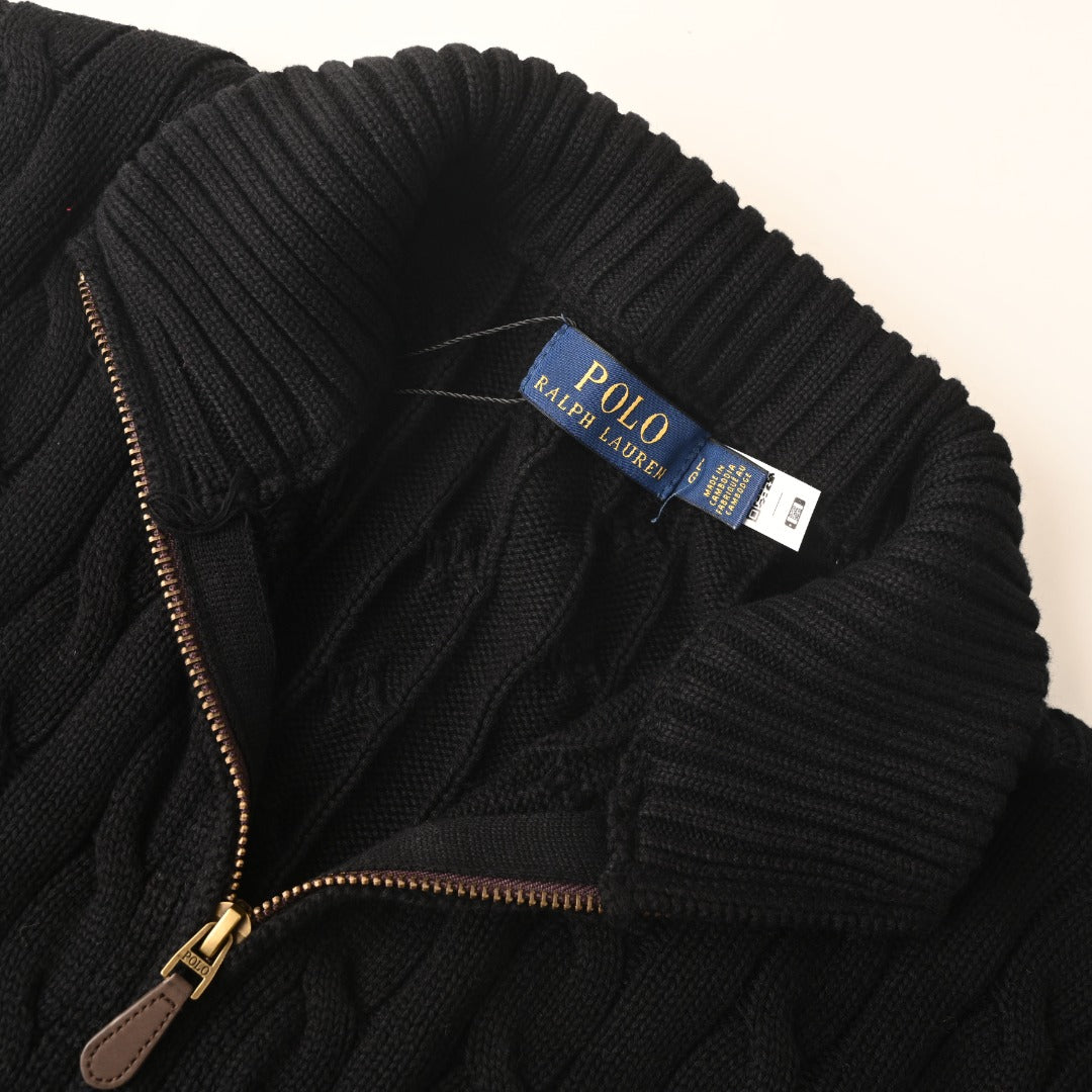 Cable-Knit Cotton Full-Zip Sweater Black
