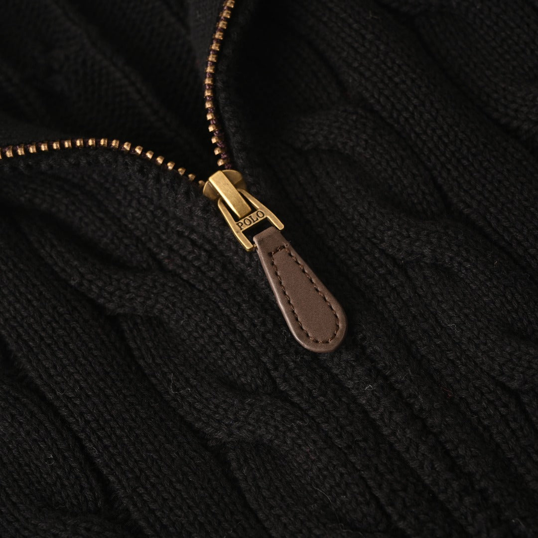 Cable-Knit Cotton Full-Zip Sweater Black