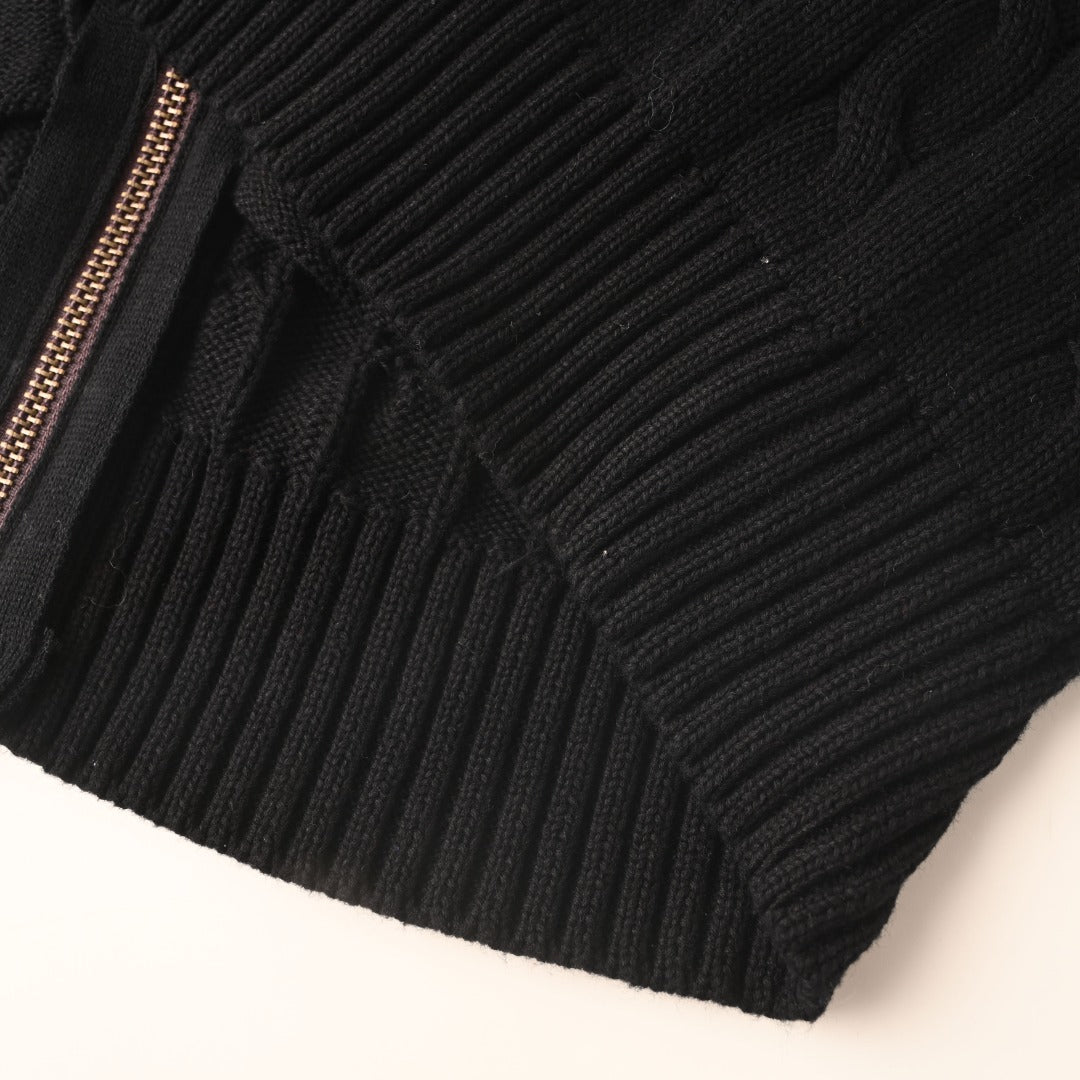 Cable-Knit Cotton Full-Zip Sweater Black