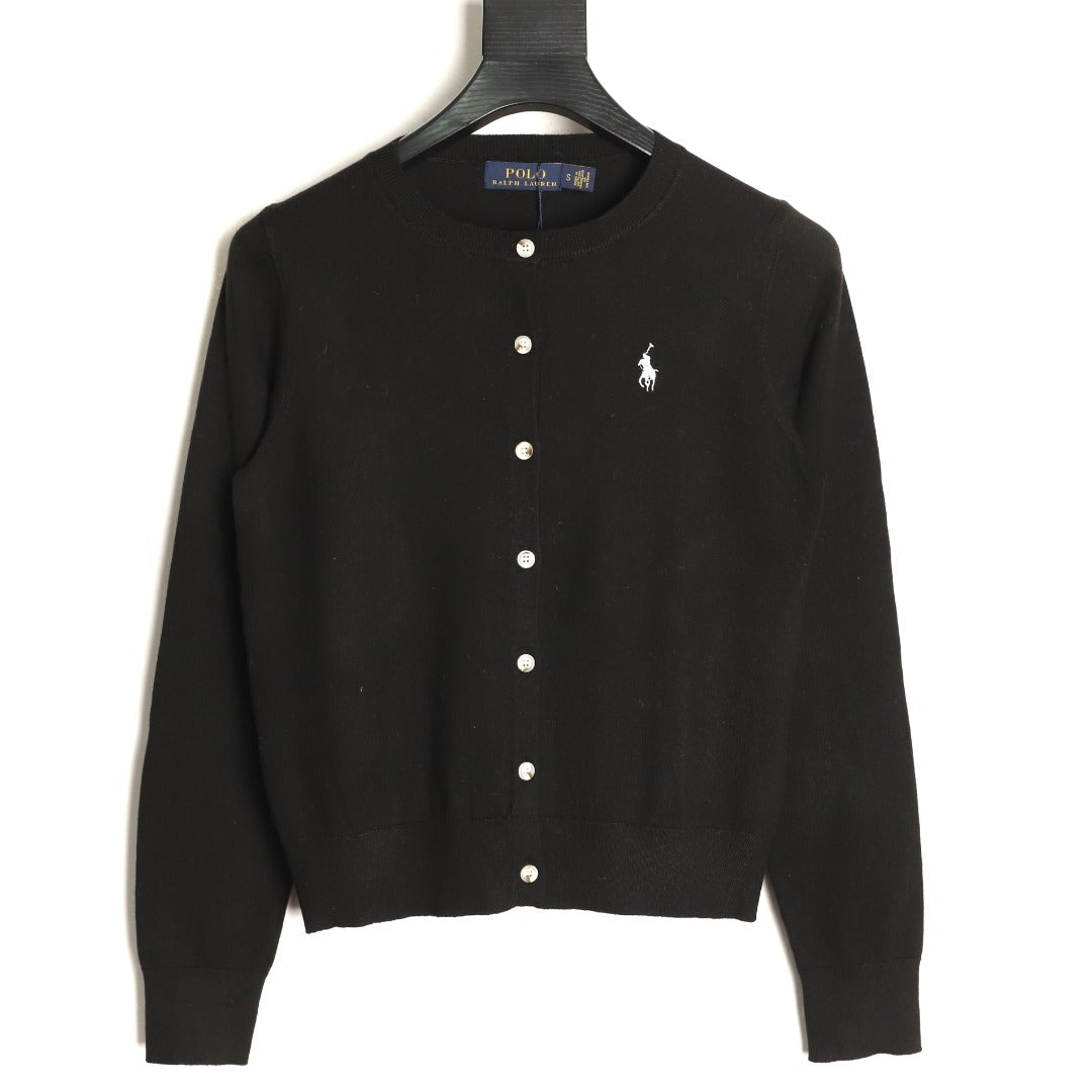 Stretch Cotton-Blend Crewneck Cardigan Polo Black