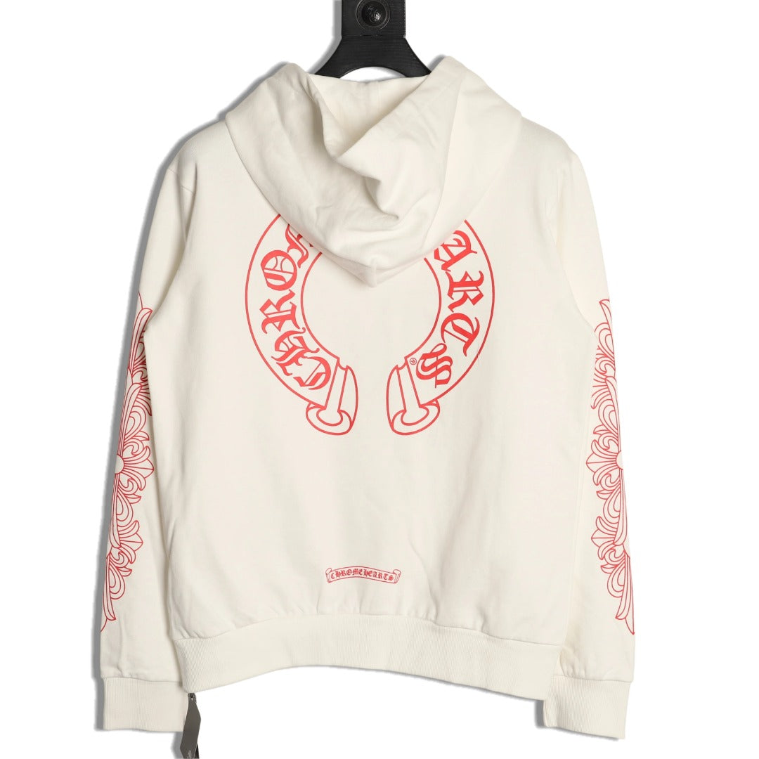 Pink Horseshoe Floral Sleeve Pullover Hoodie White