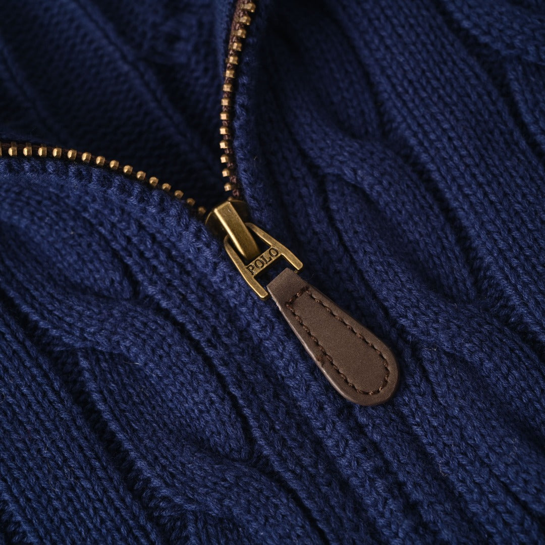 Cable-Knit Cotton Full-Zip Sweater Navy Blue