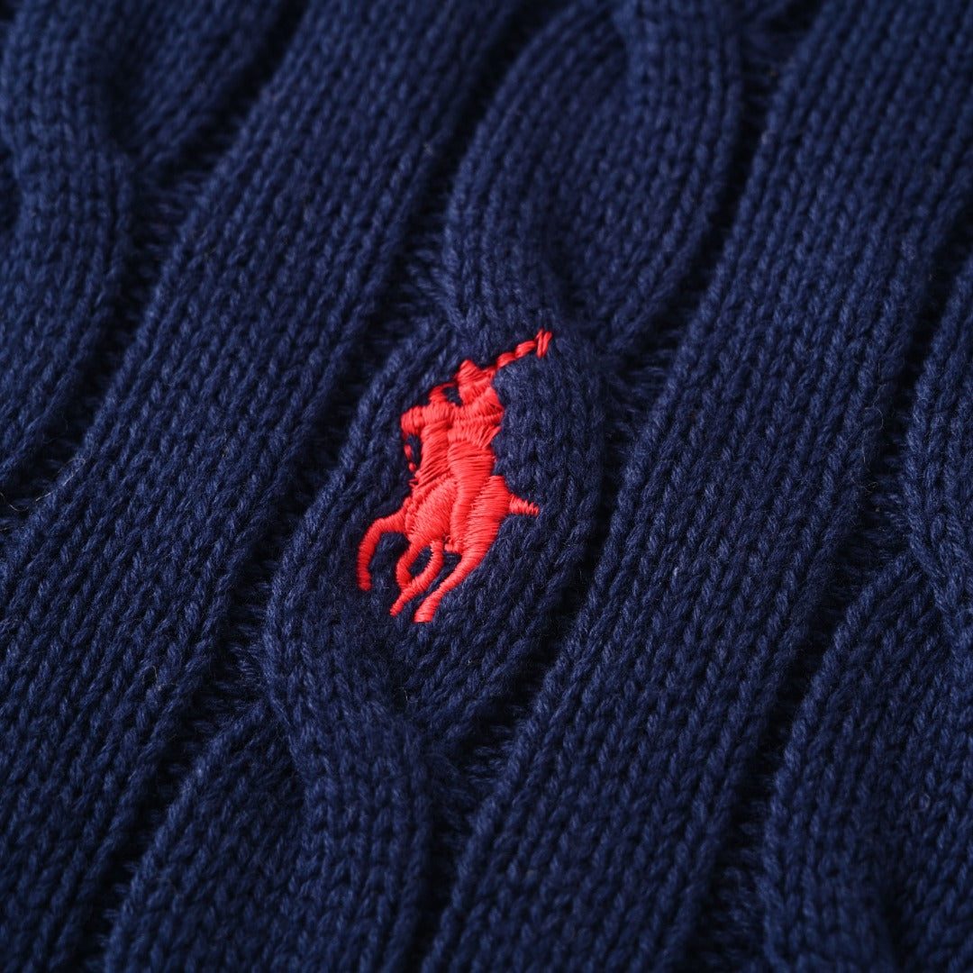 Cable-Knit Cotton Full-Zip Sweater Navy Blue