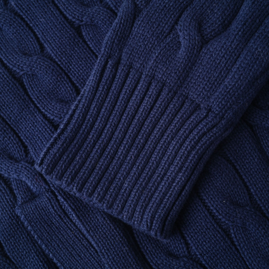 Cable-Knit Cotton Full-Zip Sweater Navy Blue