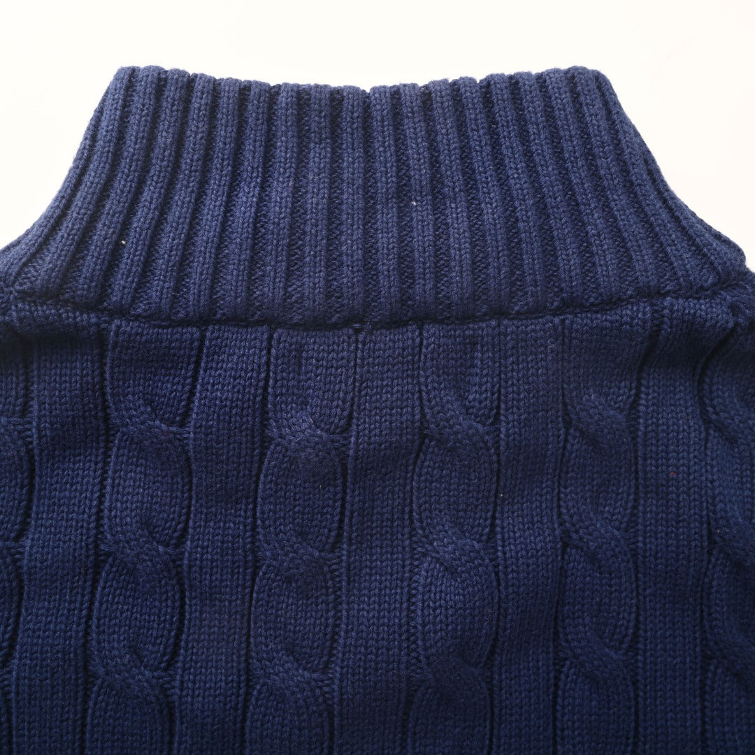 Cable-Knit Cotton Full-Zip Sweater Navy Blue