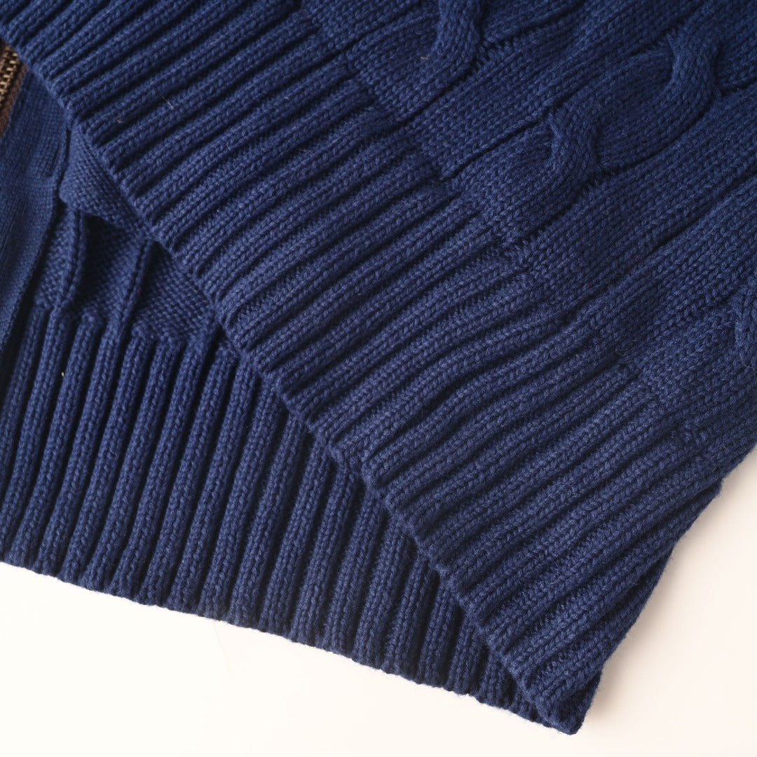 Cable-Knit Cotton Full-Zip Sweater Navy Blue