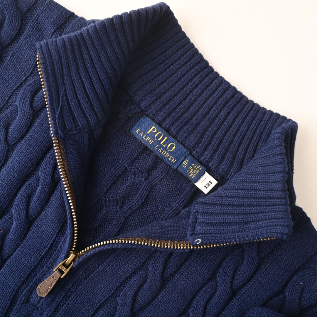 Cable-Knit Quarter-Zip Sweater Navy Blue