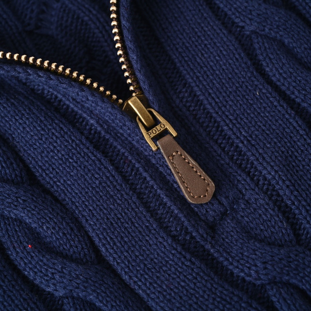 Cable-Knit Quarter-Zip Sweater Navy Blue