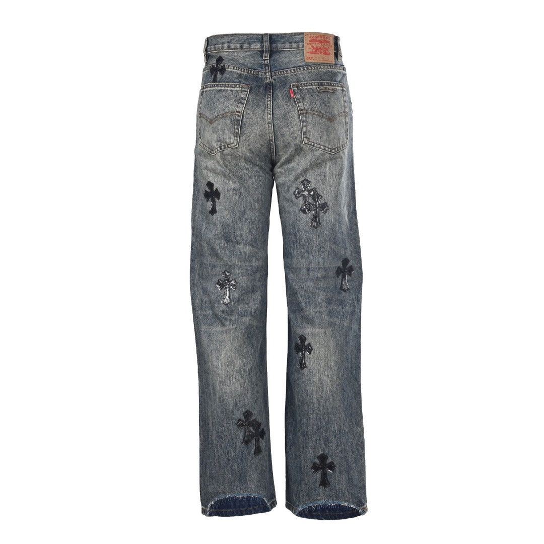 Leather Cross Patch Denim Jeans