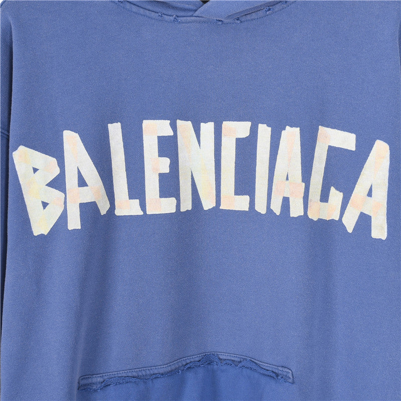 Tape Logo Distressed Hoodie Faded Blue
