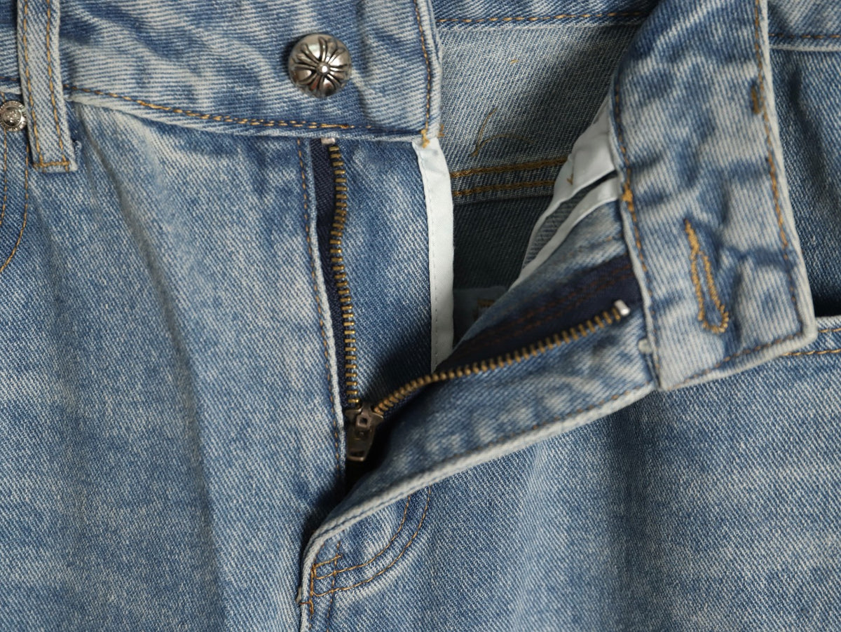 Gothic Cross Patch Denim Jeans Light Blue Wash