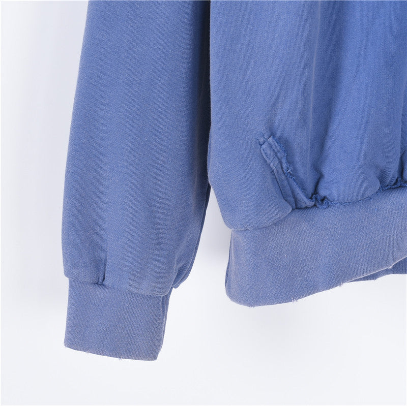Tape Logo Distressed Hoodie Faded Blue