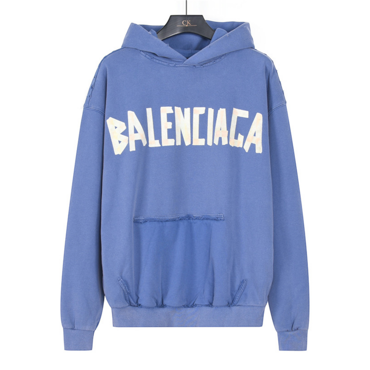 Tape Logo Distressed Hoodie Faded Blue