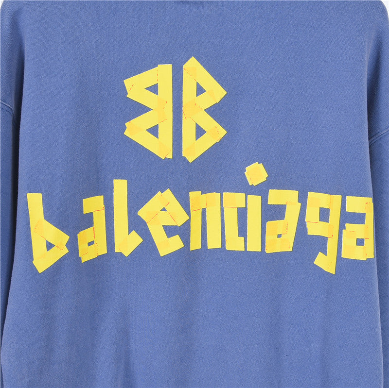 Tape Logo Distressed Hoodie Faded Blue