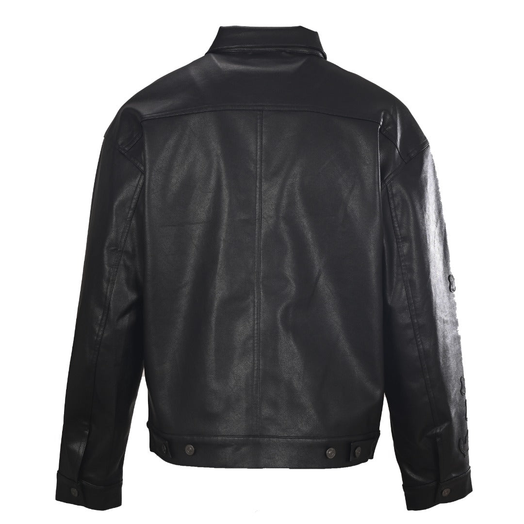 Logo Leather Shirt Jacket Black
