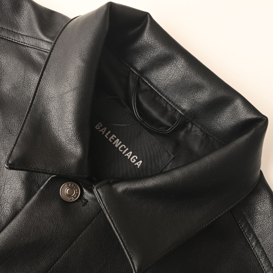 Logo Leather Shirt Jacket Black