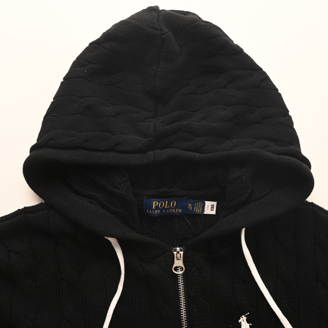 Cable-Knit Cotton Full-Zip Hoodie Polo Black