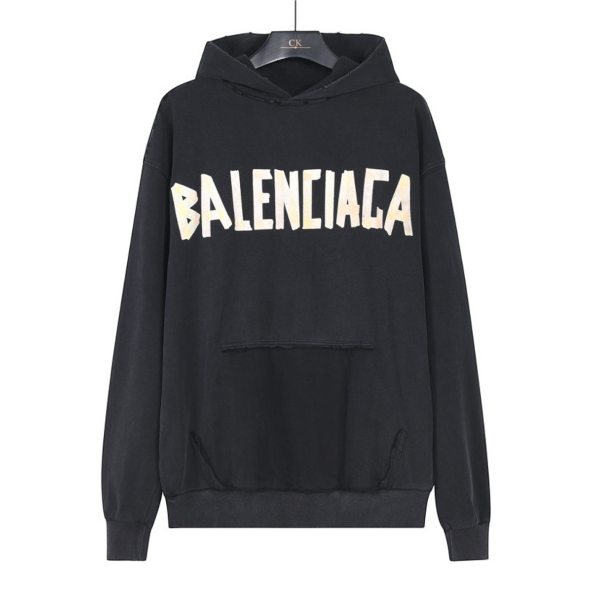 Tape Type Ripped Pocket Hoodie Faded Black
