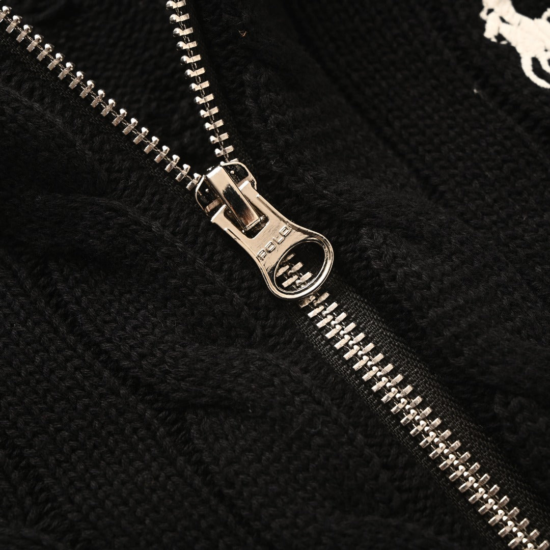 Cable-Knit Cotton Full-Zip Hoodie Polo Black
