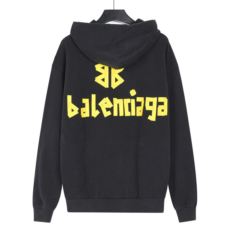 Tape Type Ripped Pocket Hoodie Faded Black
