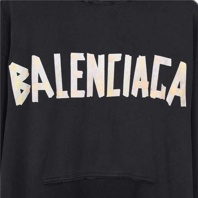 Tape Type Ripped Pocket Hoodie Faded Black