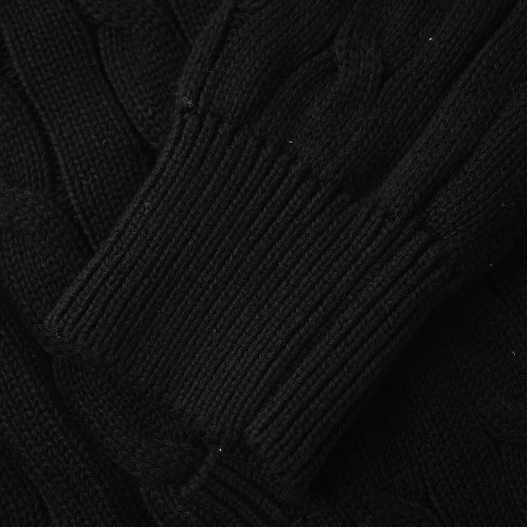 Cable-Knit Cotton Full-Zip Hoodie Polo Black