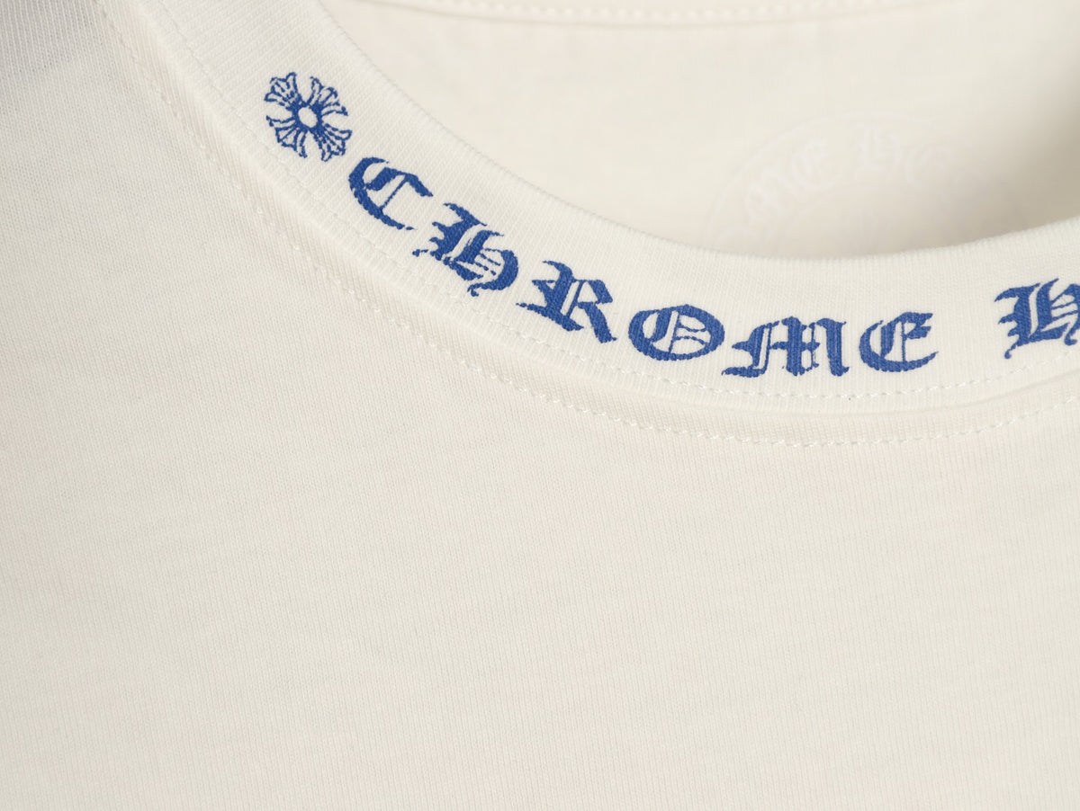 Neck Script Logo Long Sleeve T-Shirt White & Blue