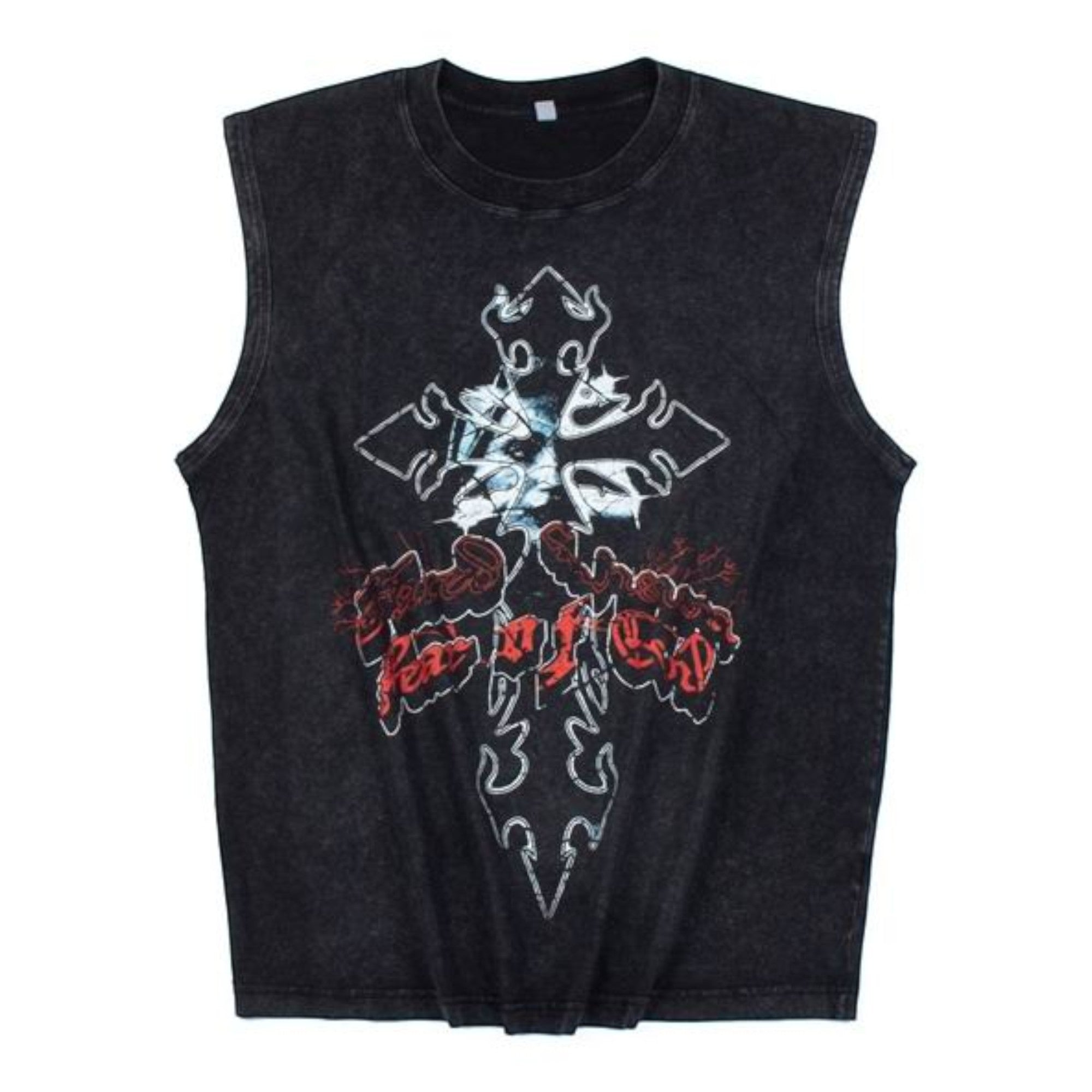Gothic Cross Graphic Vest Washed Black