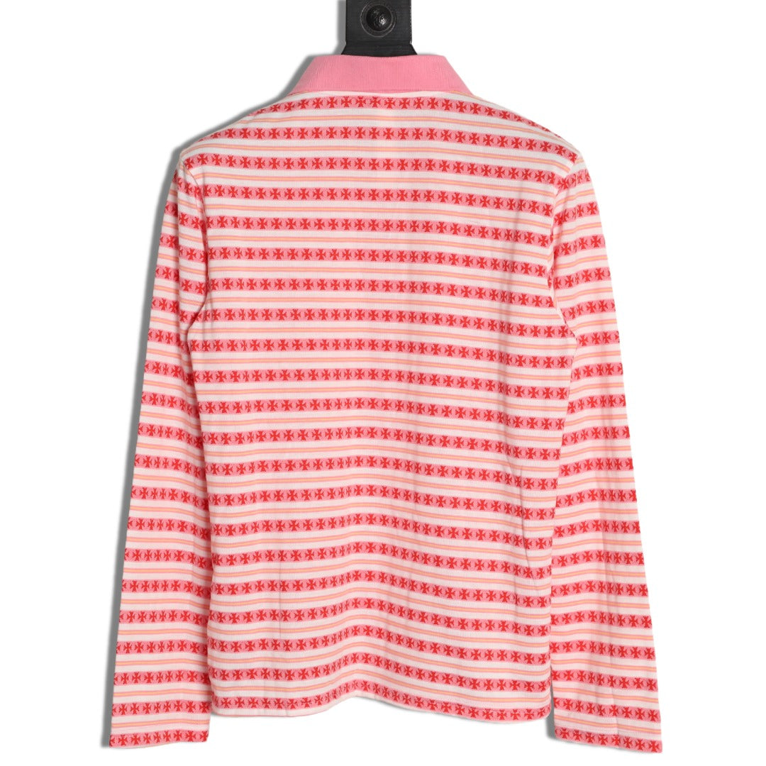 Striped Long Sleeve Polo Pink & Red