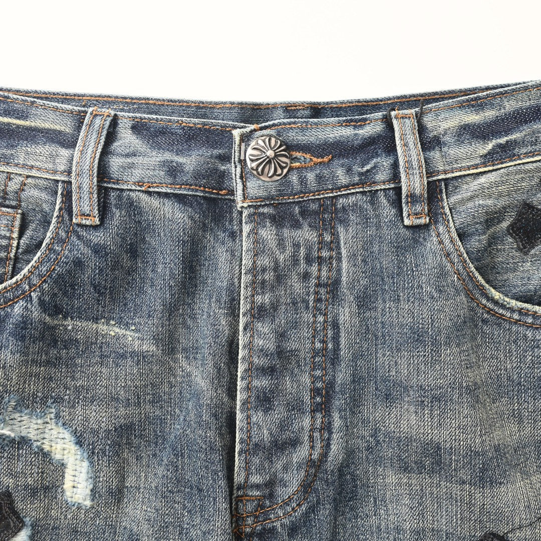 Leather Cross Patch Denim Jeans
