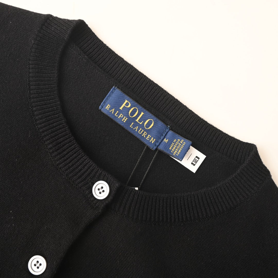 Stretch Cotton-Blend Crewneck Cardigan Polo Black
