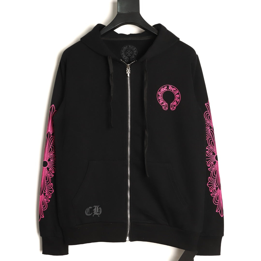 Horseshoe Floral Cross Sleeve Zip-Up Hoodie Black & Pink