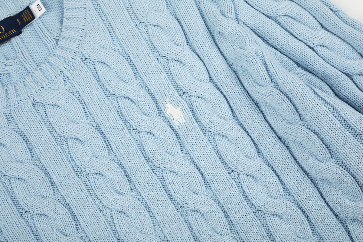 Cable-Knit Cotton Crewneck Sweater Light Blue
