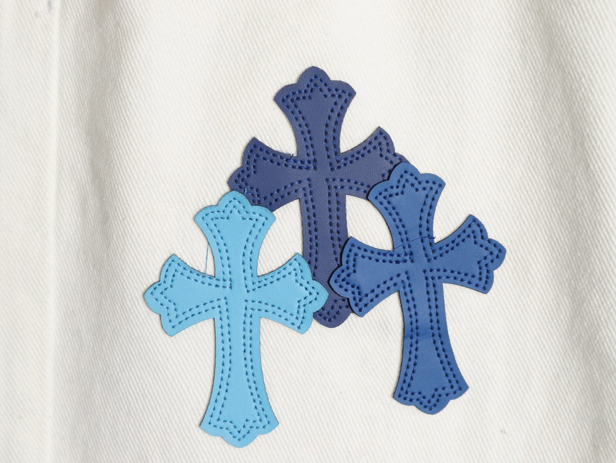 Leather Cross Patch Denim Jeans White & Blue