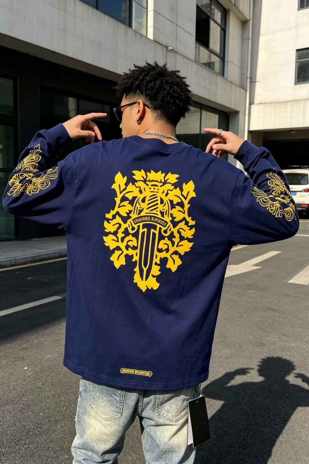 V89 Dagger Long Sleeve T-Shirt Navy & Yellow