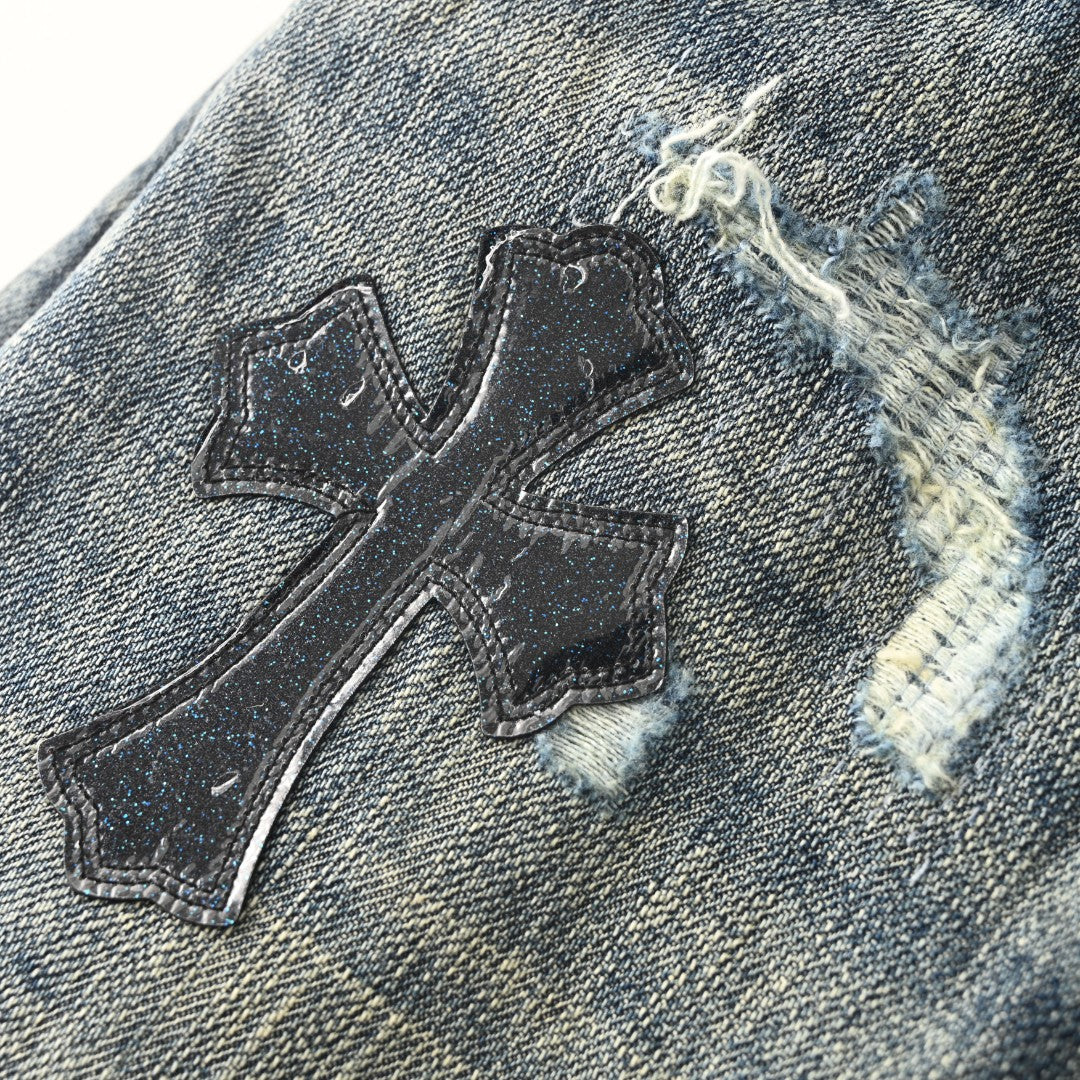 Leather Cross Patch Denim Jeans