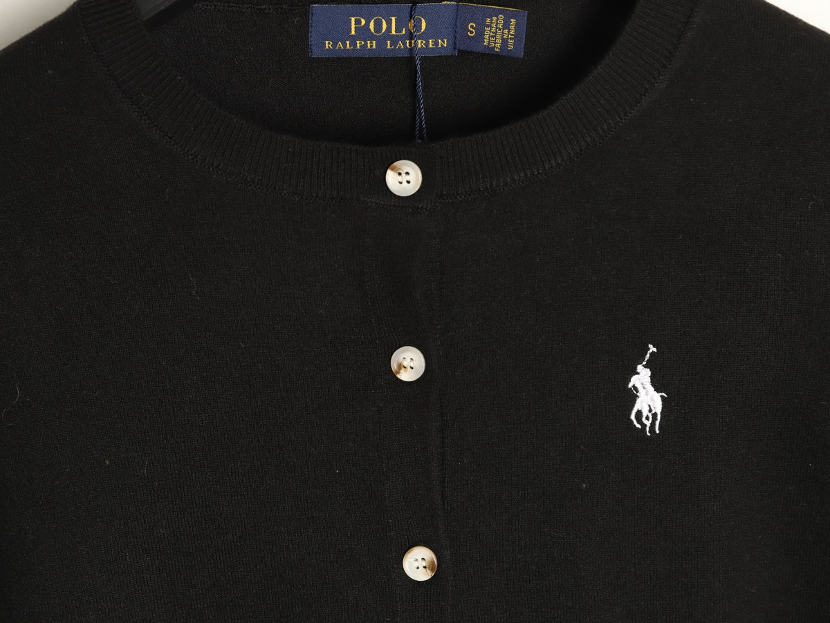 Stretch Cotton-Blend Crewneck Cardigan Polo Black