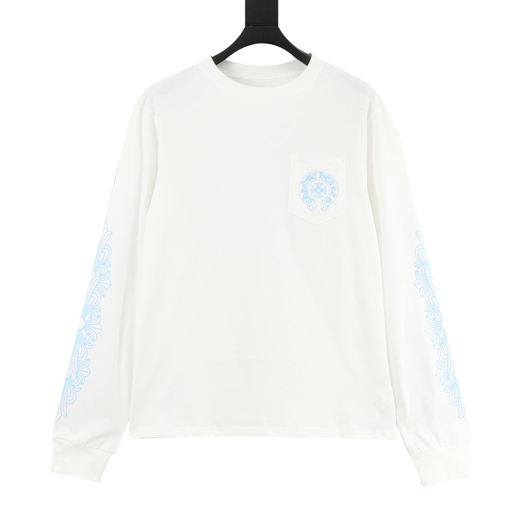 Horseshoe Scroll Long Sleeve Pocket T-Shirt White & Light Blue