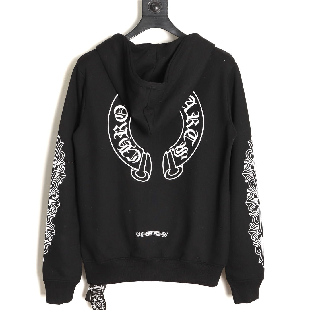 Horseshoe Floral Cross Sleeve Zip-Up Hoodie Black