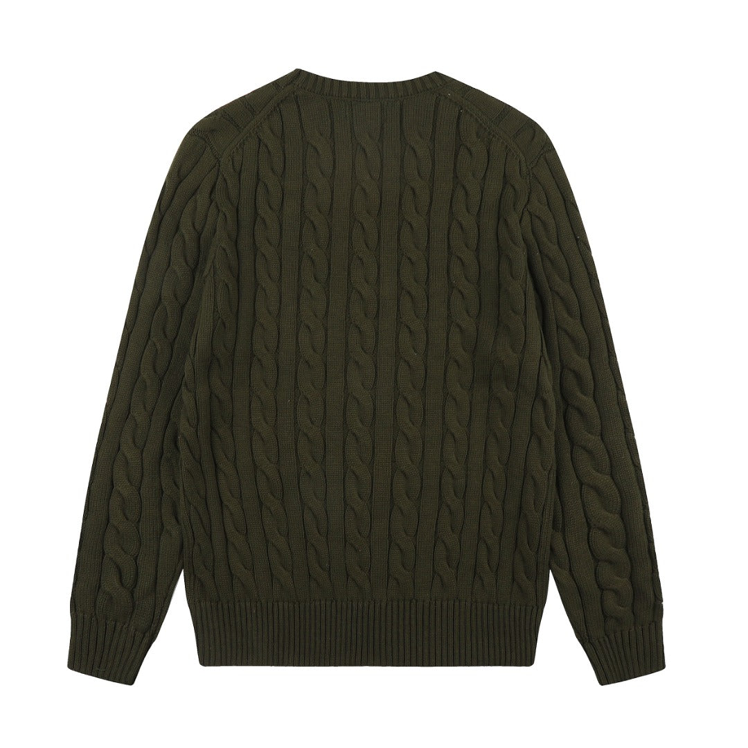 Cable-Knit Cotton Crewneck Sweater Olive Green