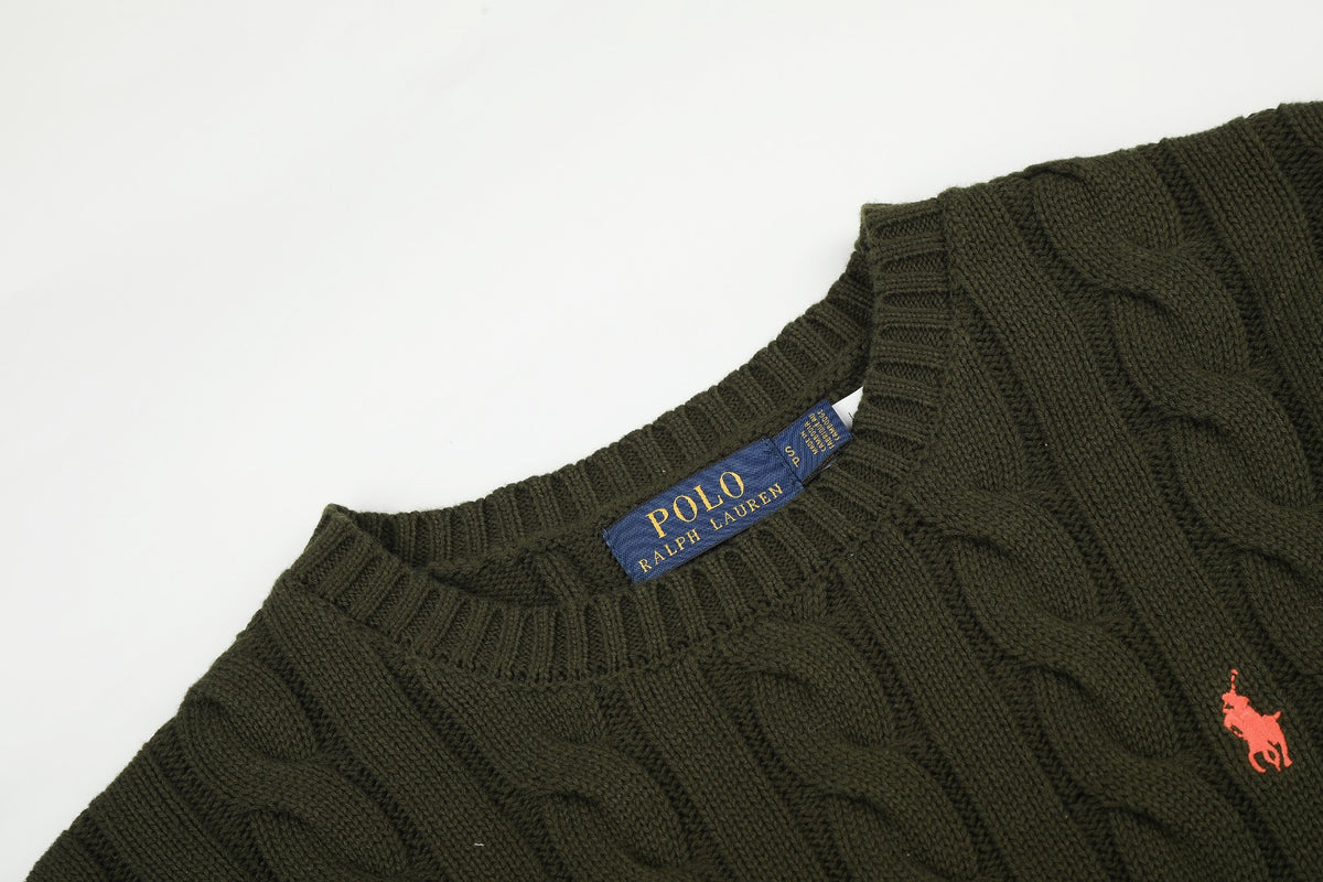Cable-Knit Cotton Crewneck Sweater Olive Green