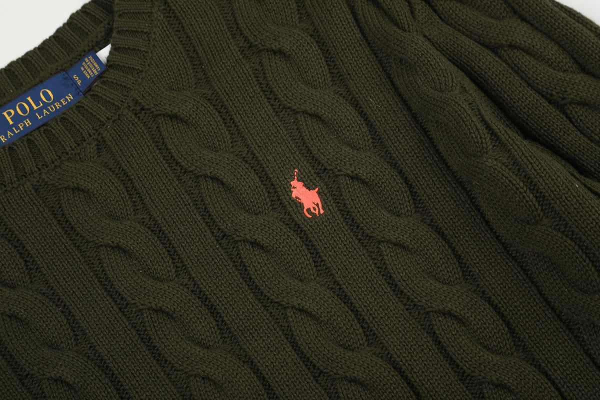 Cable-Knit Cotton Crewneck Sweater Olive Green