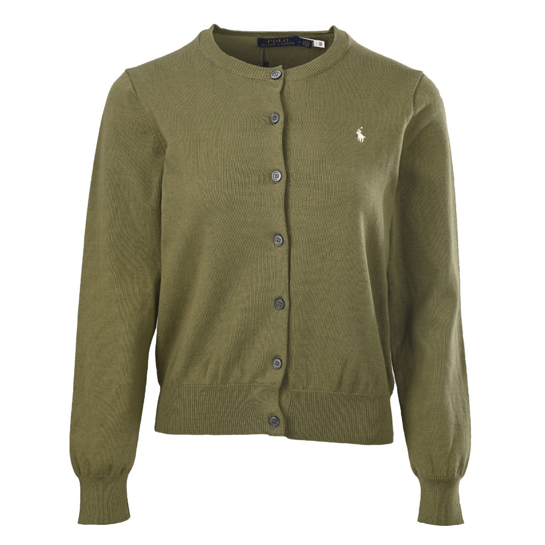 Stretch Cotton-Blend Crewneck Cardigan Willow Green