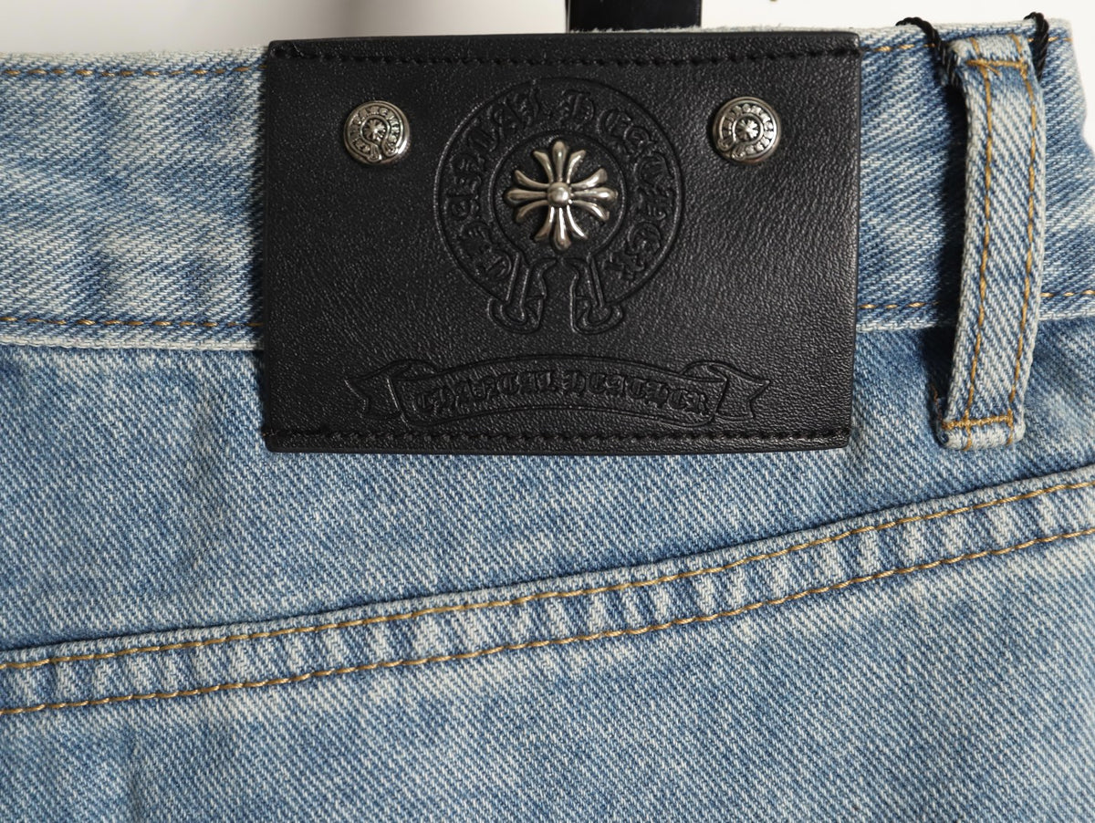Gothic Cross Patch Denim Jeans Light Blue Wash